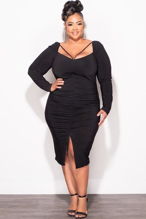 Final Sale Plus Size Long Sleeve Cutout Ruched BodyCon Dress with Front Slit in Black Moisture Wicking Technology Organic Cotton Blend