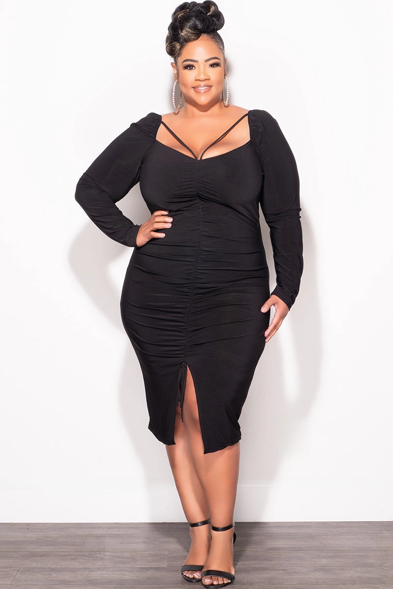 Final Sale Plus Size Long Sleeve Cutout Ruched BodyCon Dress with Front Slit in Black Moisture Wicking Technology Organic Cotton Blend