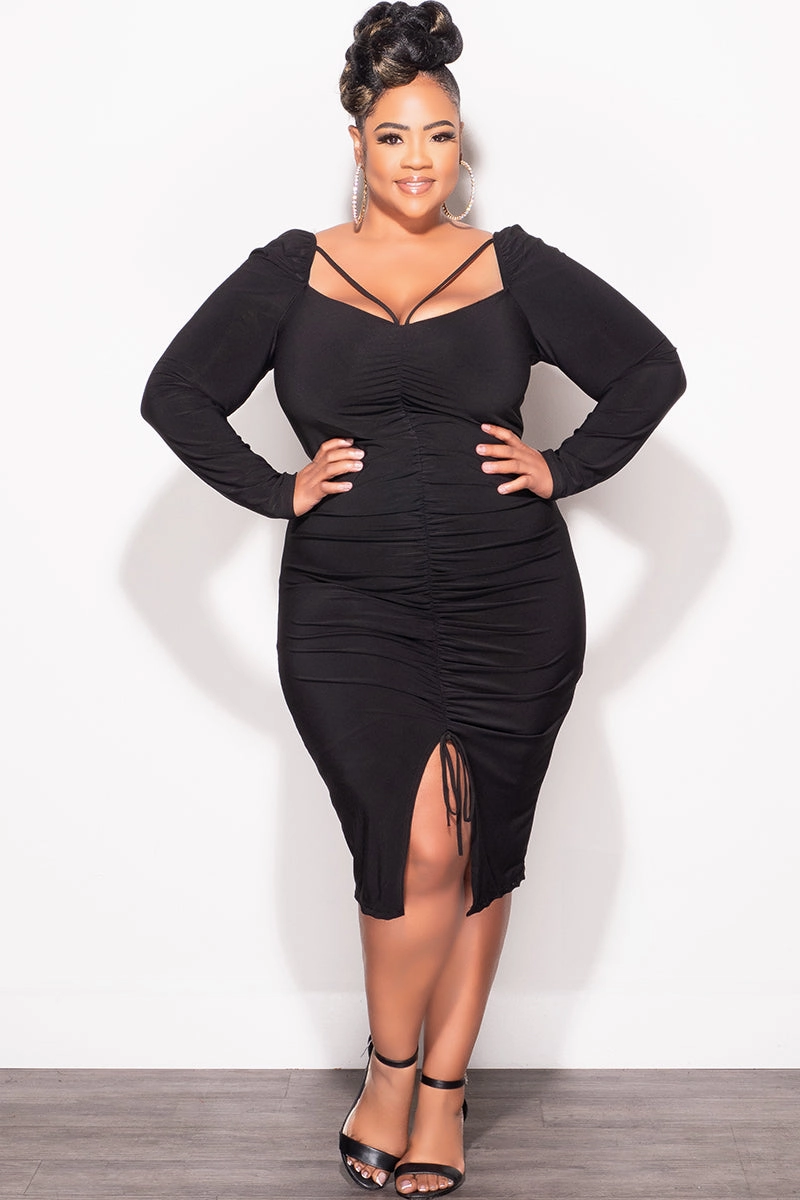 Versatile Comfort Fashion Comfort Wear Final Sale Plus Size Long Sleeve Cutout Ruched BodyCon Dress with Front Slit in Black