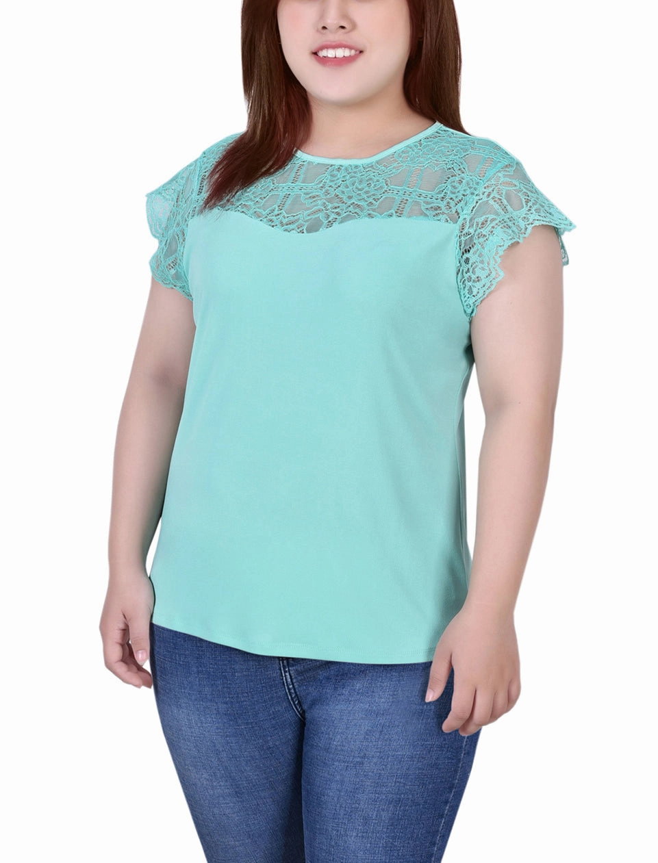 Plus Size Crepe Knit Top With Lace Flanged Sleeve and Yoke Sweat Absorbing Lining