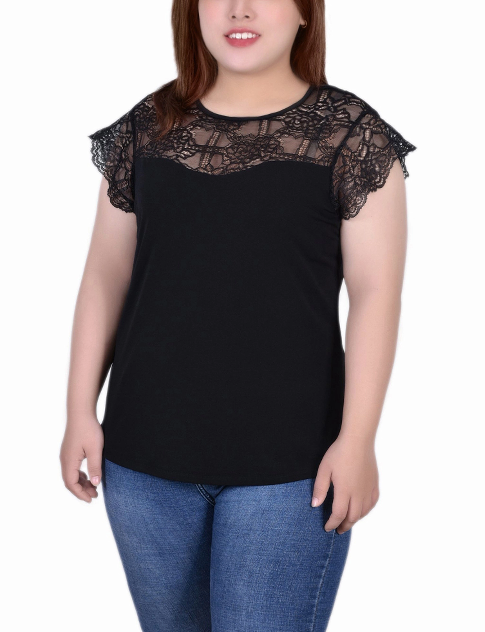 Plus Size Crepe Knit Top With Lace Flanged Sleeve and Yoke Stretchy Top