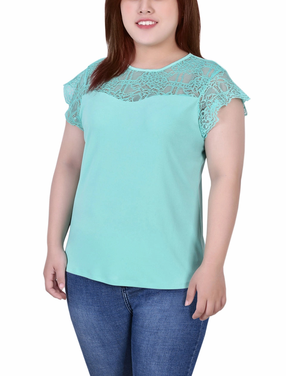 HypoallergenicConstruction Plus Size Crepe Knit Top With Lace Flanged Sleeve and Yoke