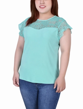 Plus Size Crepe Knit Top With Lace Flanged Sleeve and Yoke Sweat Absorbing Lining