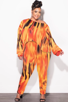 Breathable wear Final Sale Plus Size 2pc Set Top & Pants in Orange, Yellow & Black Print Fall