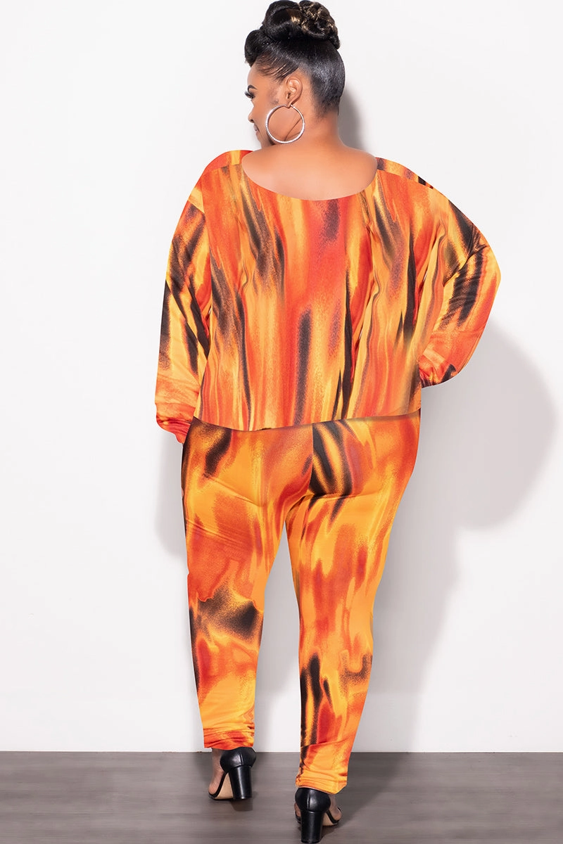 Comfy Fit Day Ready Final Sale Plus Size 2pc Set Top & Pants in Orange, Yellow & Black Print Fall