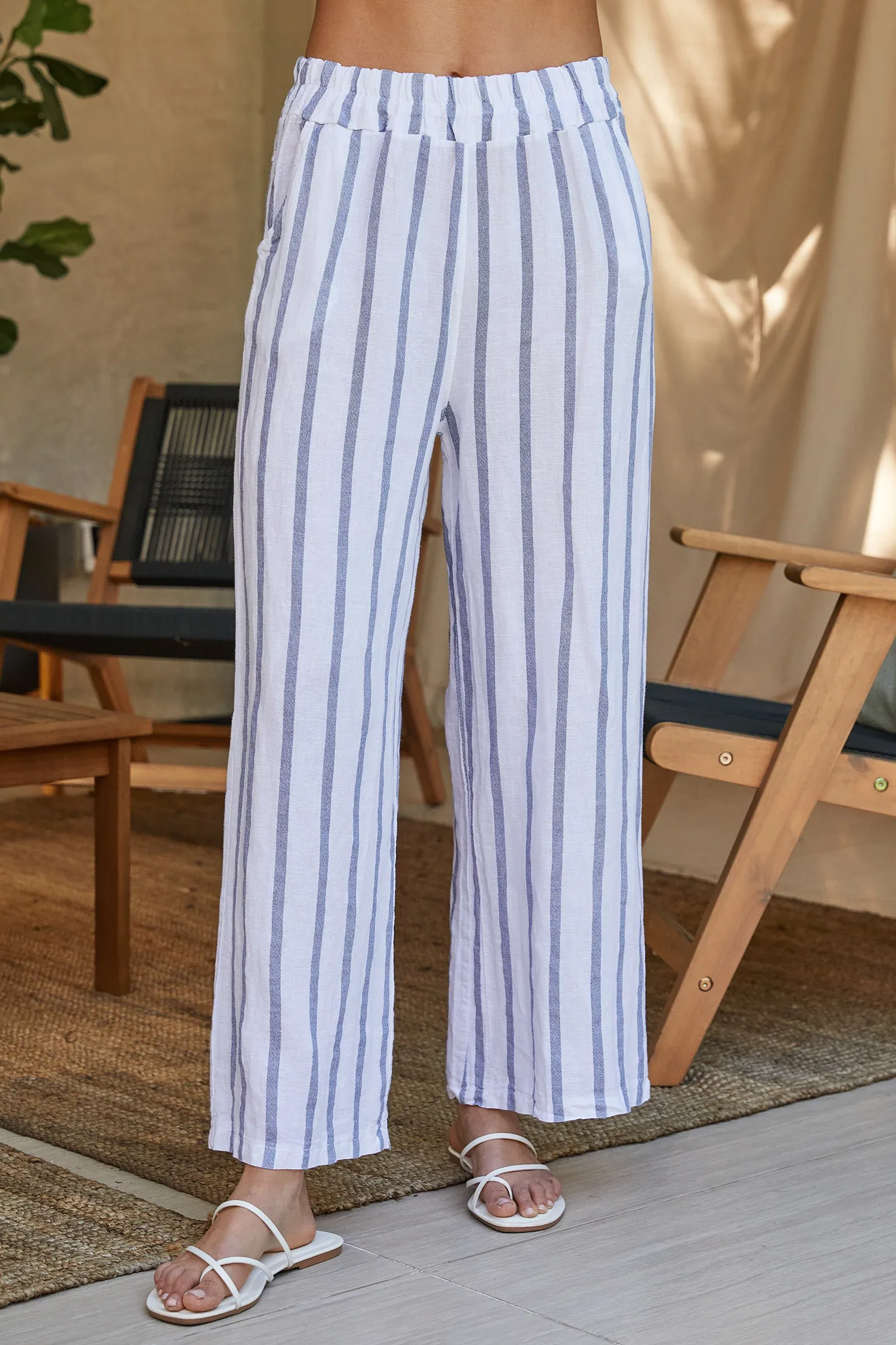 Stripe Wide Leg Linen Pants simple design Multi Pocket Configuration