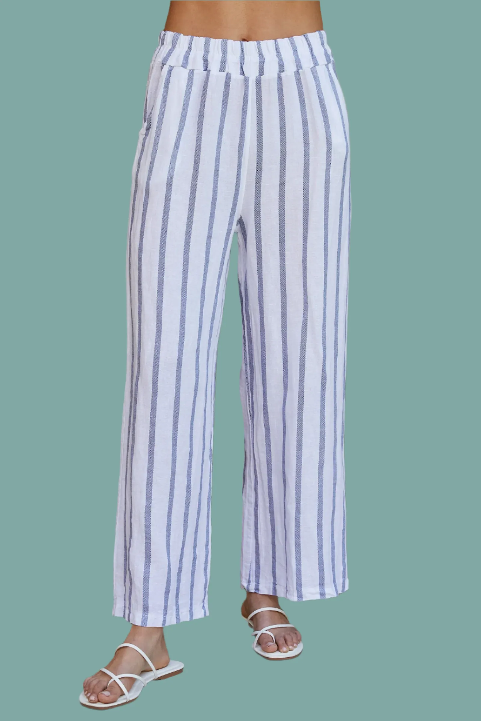 VentilatedArmholes Elegant Cardigan Stripe Wide Leg Linen Pants
