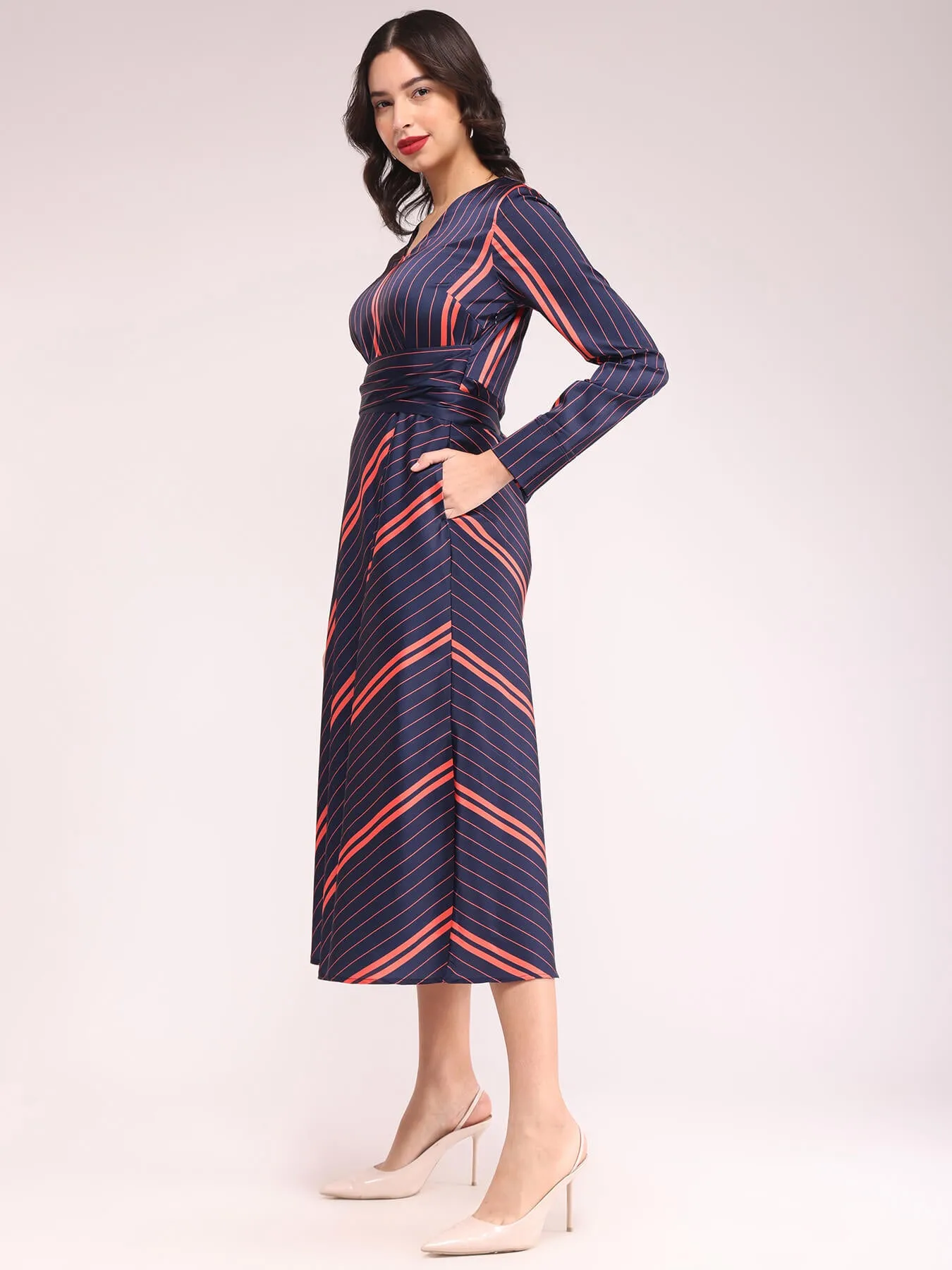 Striped Fit And Flare Dresses - Navy And Red
