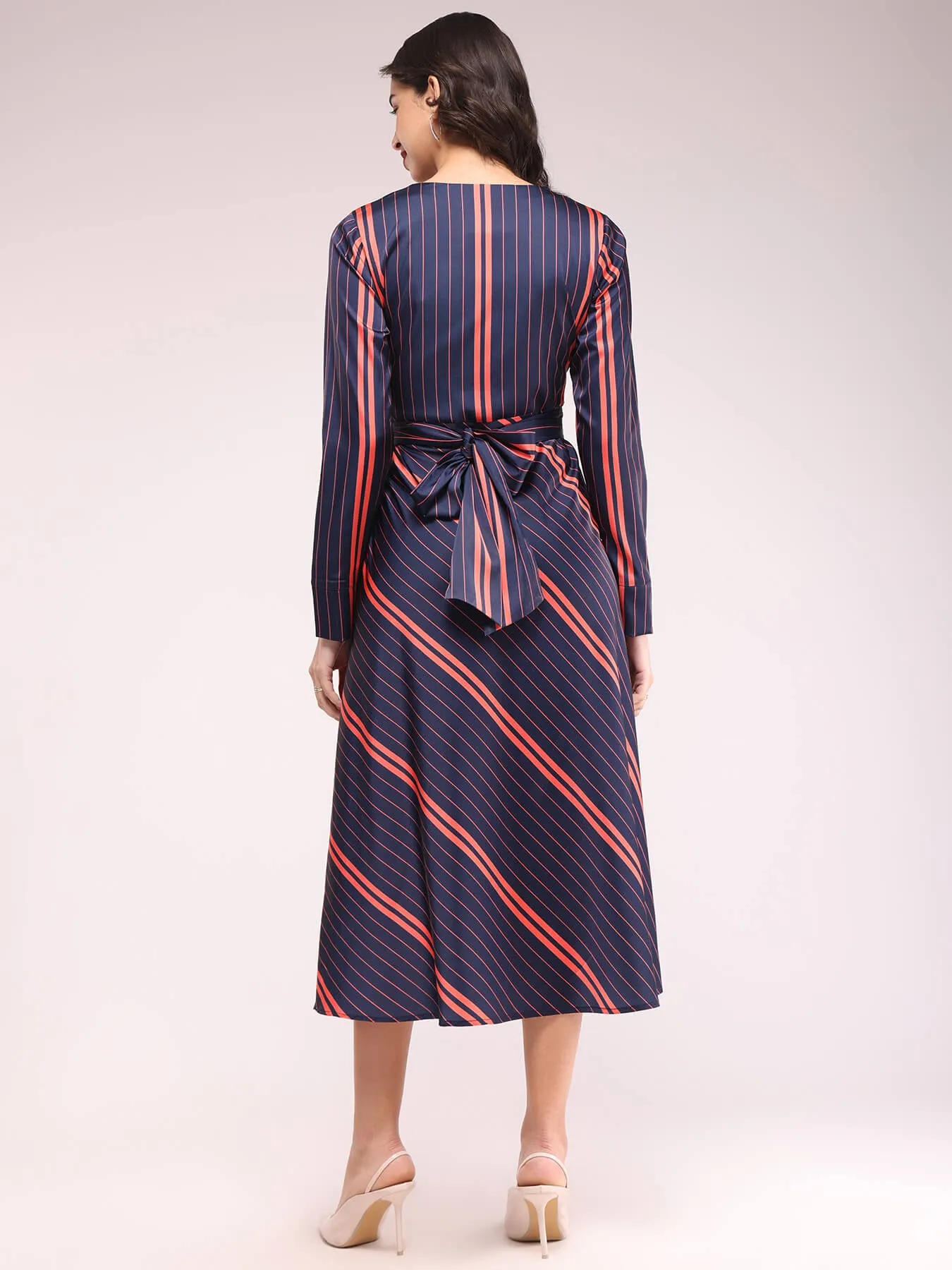 Striped Fit And Flare Dresses - Navy And Red