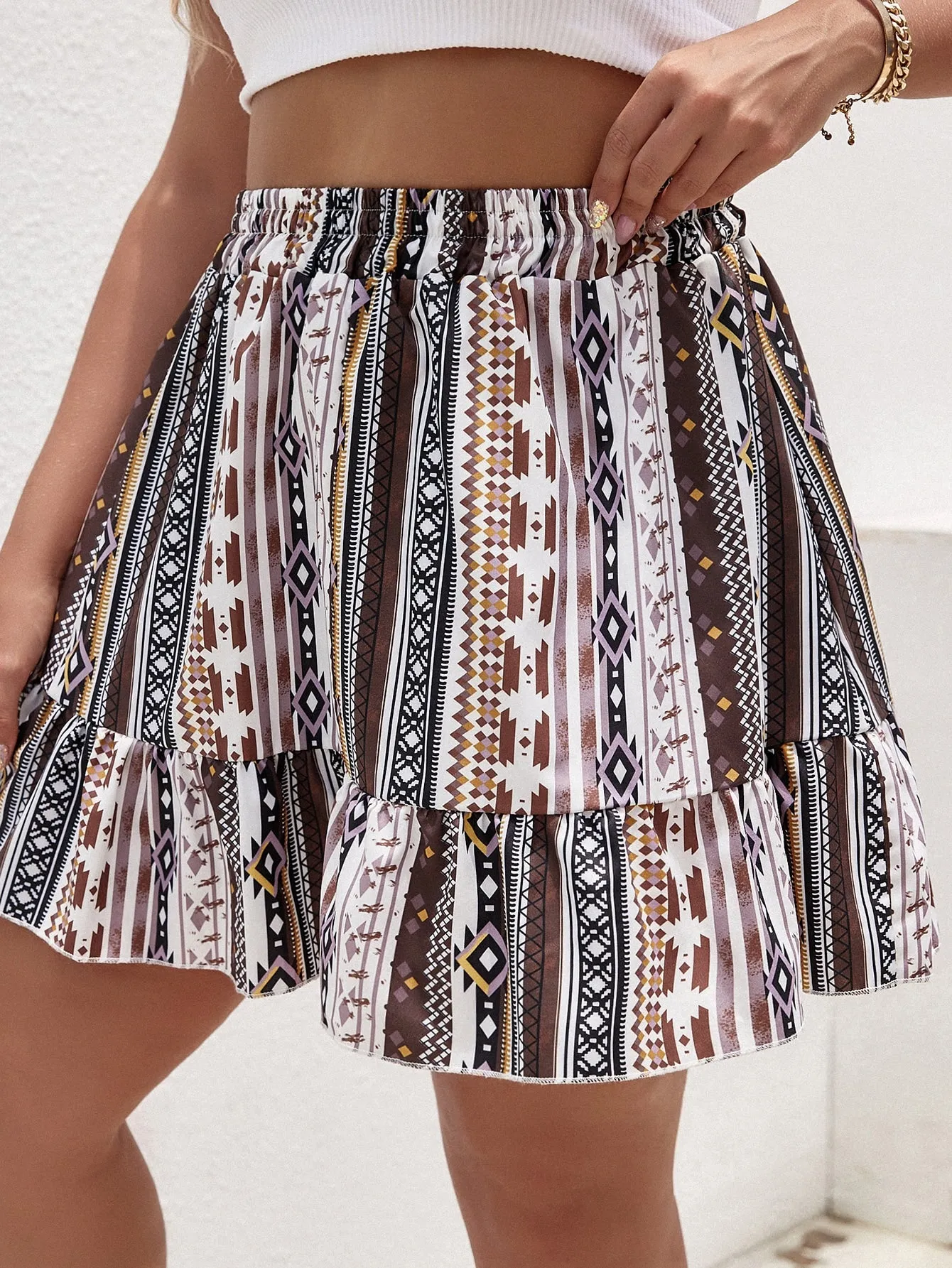 Striped Ruffle Hem Short Plus Size Skirt