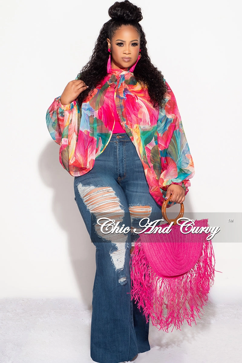Final Sale Plus Size Sheer Balloon Sleeve Crop Top in Fuchsia Floral Multi Color Print Ripstop Texture