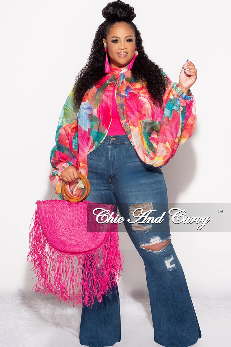 Casual Flex Final Sale Plus Size Sheer Balloon Sleeve Crop Top in Fuchsia Floral Multi Color Print