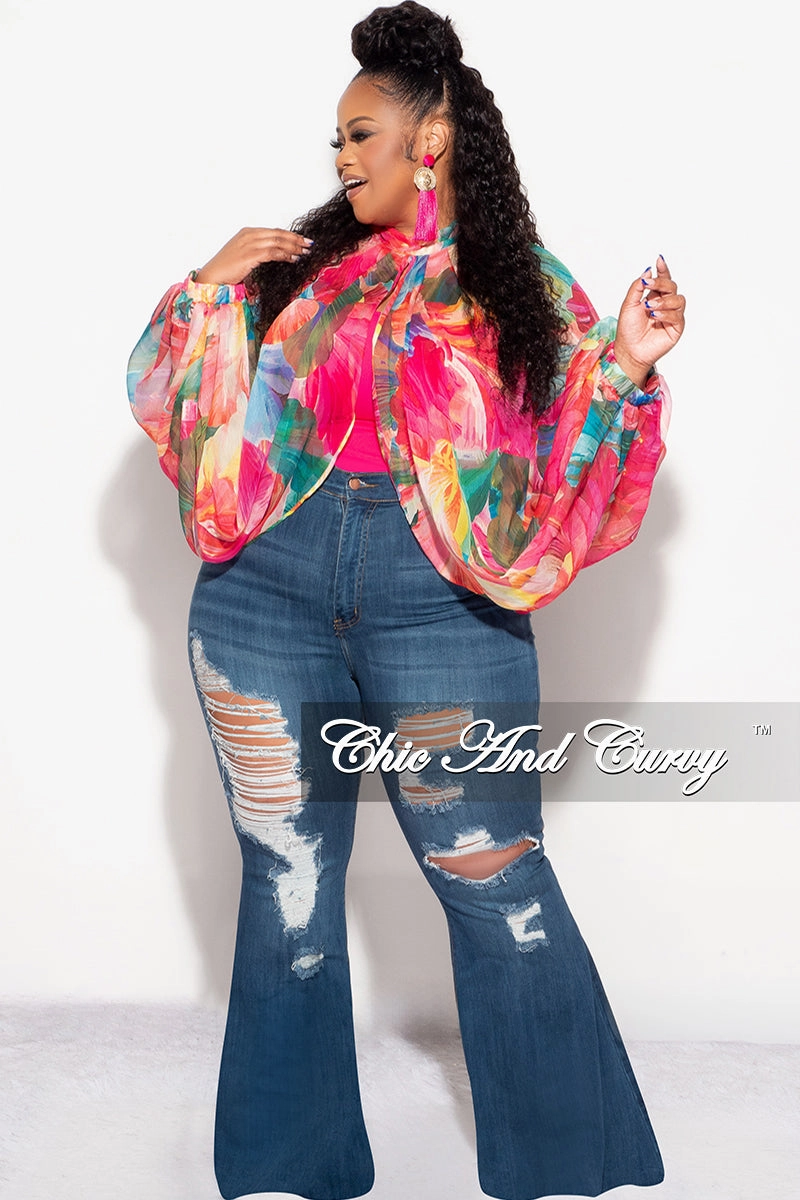 Final Sale Plus Size Sheer Balloon Sleeve Crop Top in Fuchsia Floral Multi Color Print Move Friendly TouchscreenCompatiblePockets