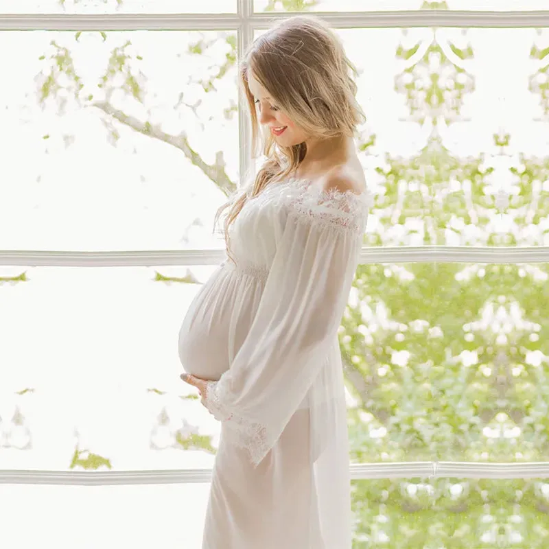 Stylish Off-Shoulder Maternity Dress with Lace Details