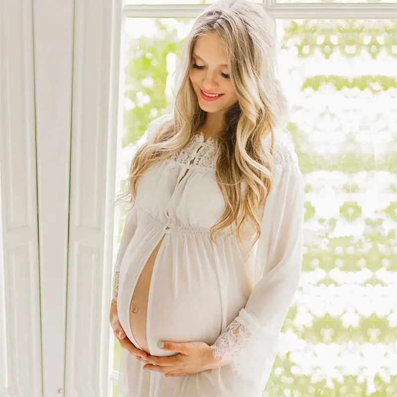 Stylish Off-Shoulder Maternity Dress with Lace Details