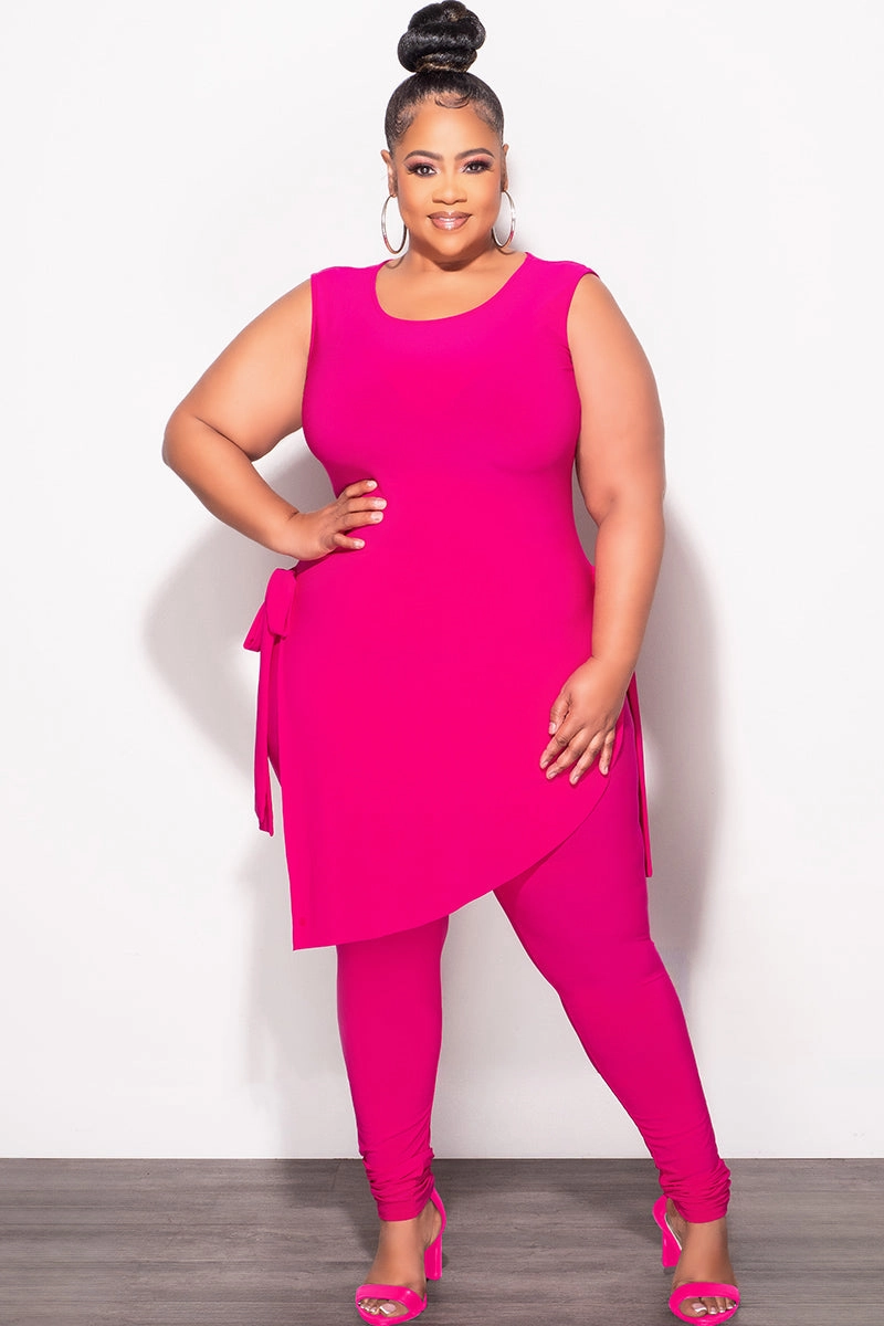 Flattering Comfort Breathable Material Final Sale Plus Size 2pc Sleeveless Top and Pants Set in Fuchsia