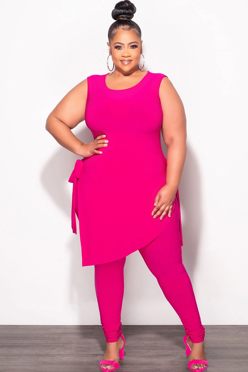 Loose Design Seasonless wear Final Sale Plus Size 2pc Sleeveless Top and Pants Set in Fuchsia