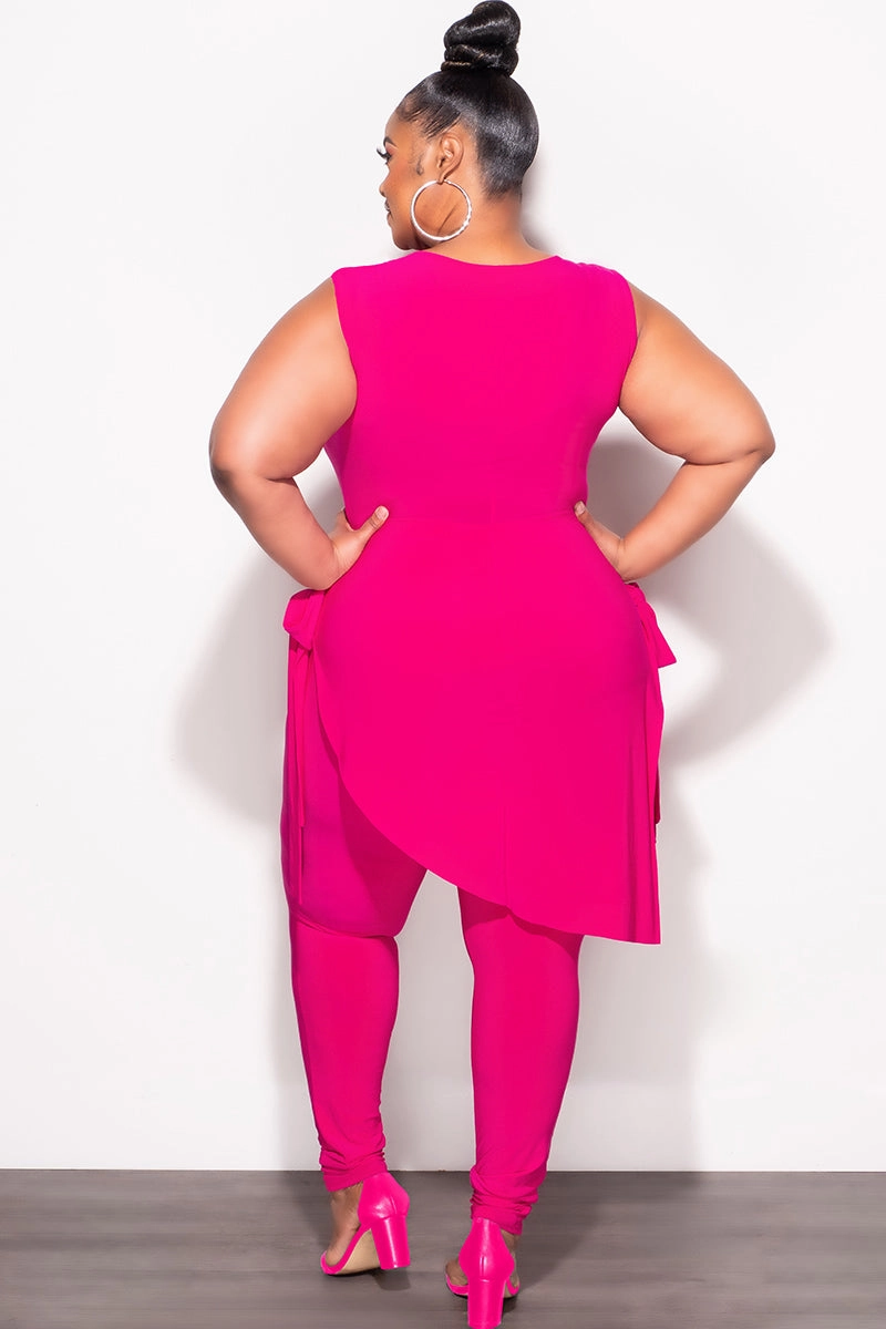 Active Look Stretchable Design Final Sale Plus Size 2pc Sleeveless Top and Pants Set in Fuchsia