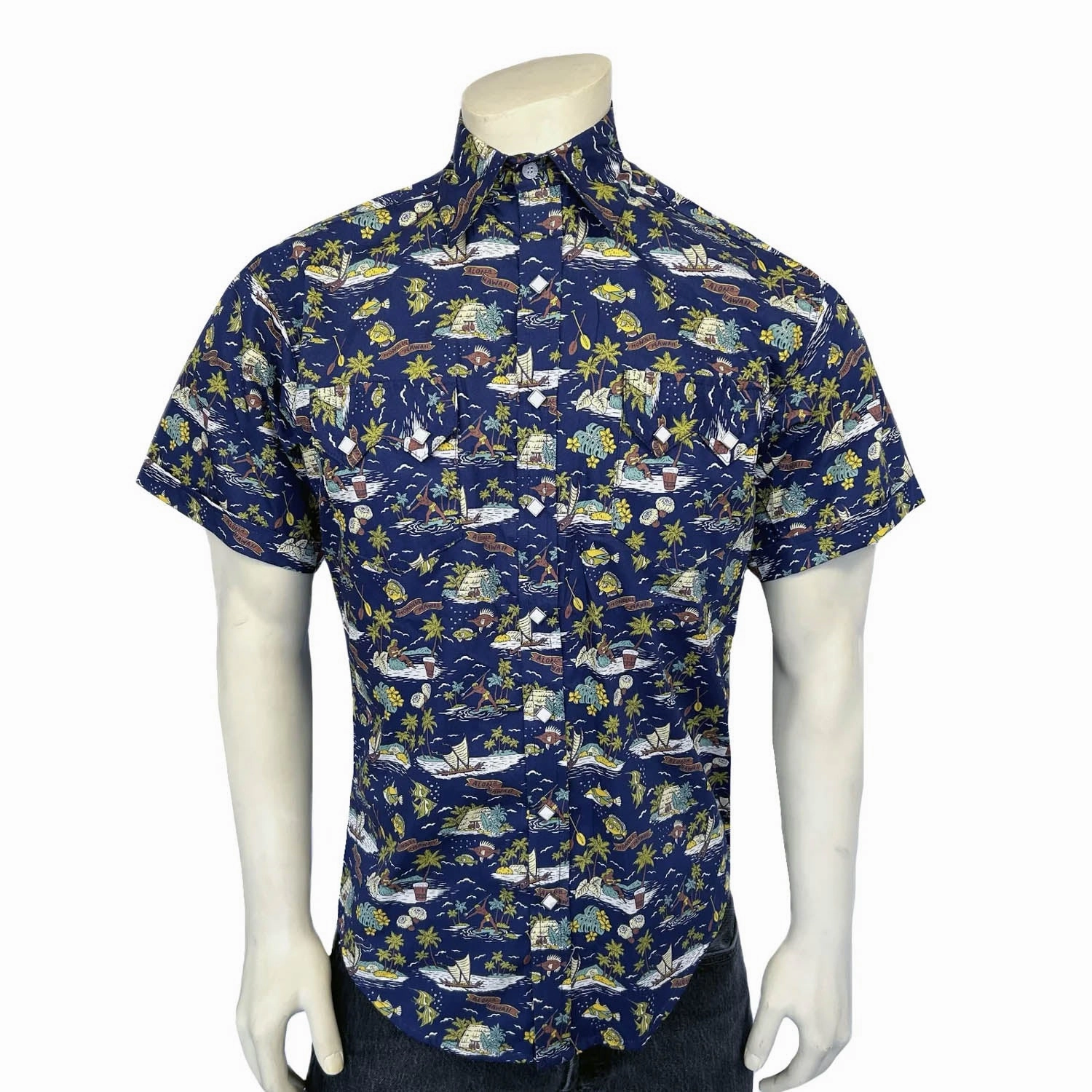 Urban Trend Rockmount Mens Hawaiian Print Western Blue 100% Cotton S/S Shirt