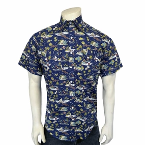 Rockmount Mens Hawaiian Print Western Blue 100% Cotton S/S Shirt Casual Hangout