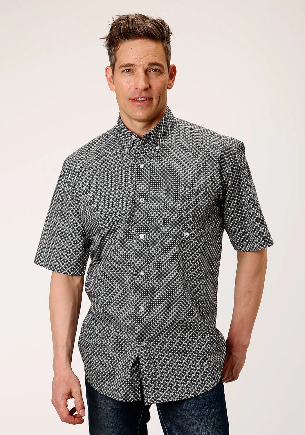 Roper Mens Black 100% Cotton Diamond Star Geo BD S/S 1 Pocket Shirt Weekend Style Sustainable Material