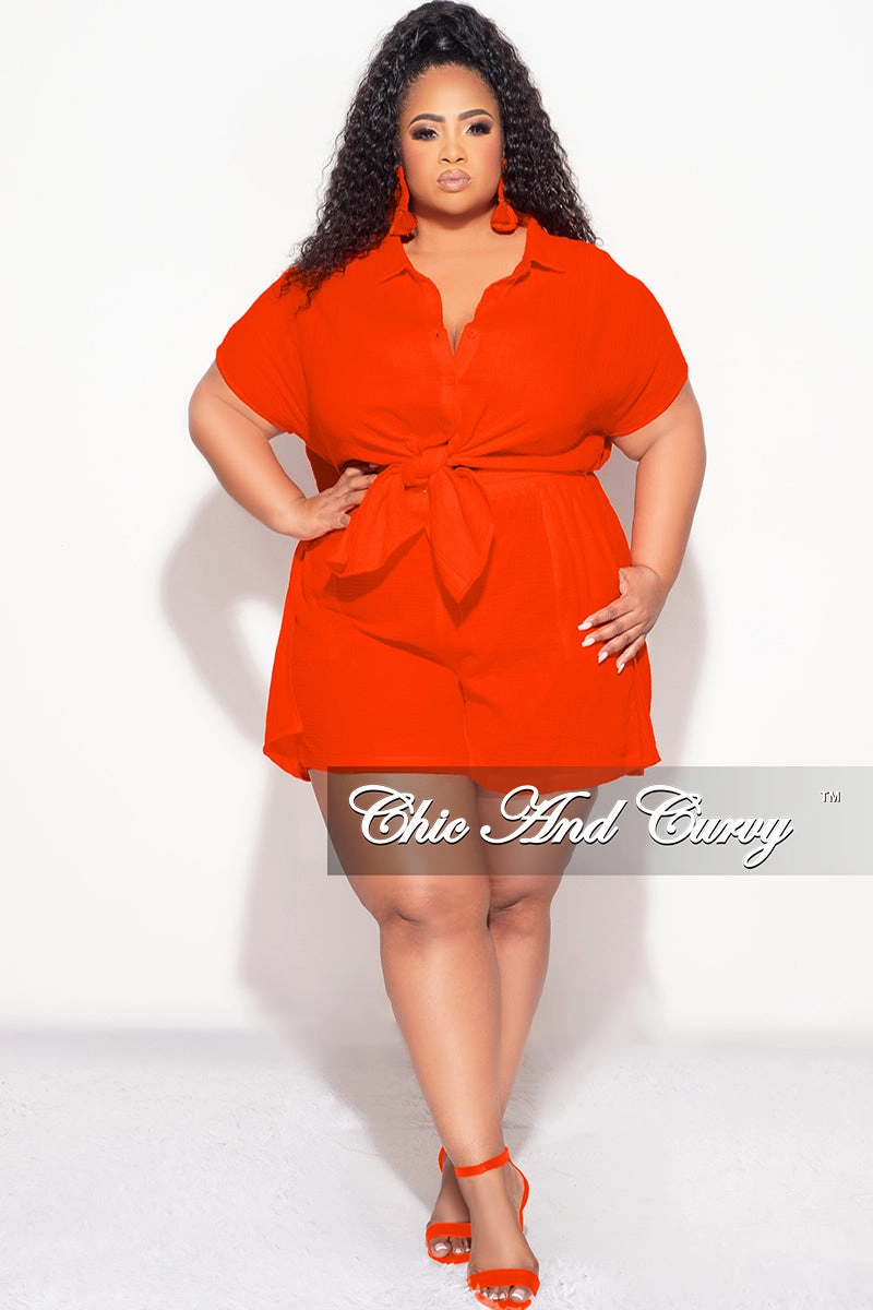 Final Sale Plus Size 2pc Collar Button Up Crepe Linen Top Tie And Short Set In Orange Flexibility Built-In