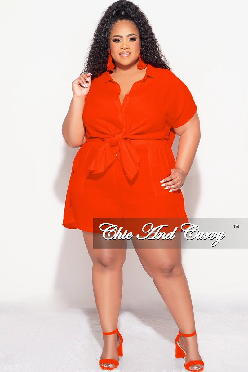 Final Sale Plus Size 2pc Collar Button Up Crepe Linen Top Tie And Short Set In Orange Stretch waistband Hidden Pocket System