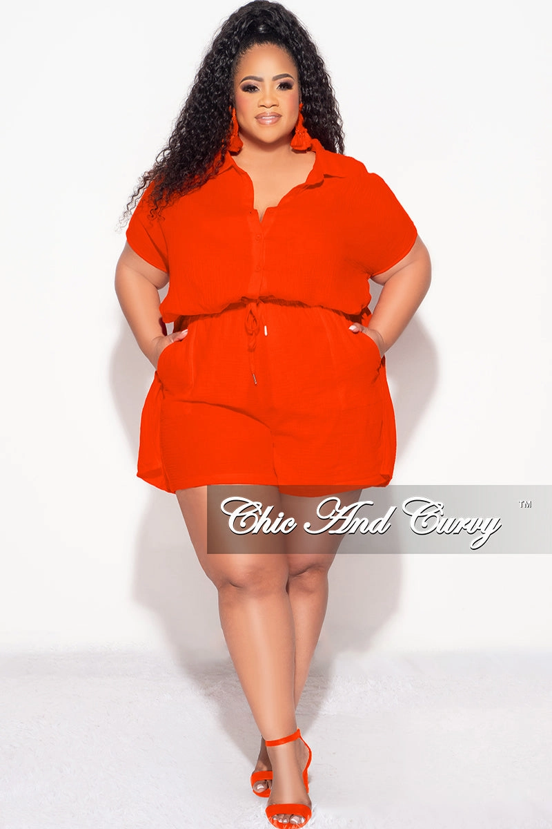 Final Sale Plus Size 2pc Collar Button Up Crepe Linen Top Tie And Short Set In Orange Polished Look