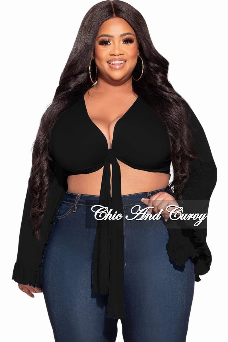 Final Sale Plus Size Crop Tie Top with Bell Sleeves in Black Work Ready