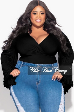 Sleek lines Odor Control Fabric Final Sale Plus Size Crop Tie Top with Bell Sleeves in Black