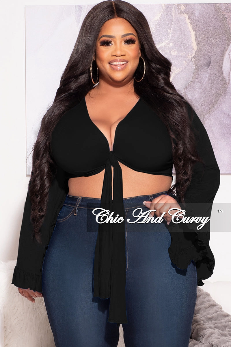 All Day Wear Comfort Final Sale Plus Size Crop Tie Top with Bell Sleeves in Black