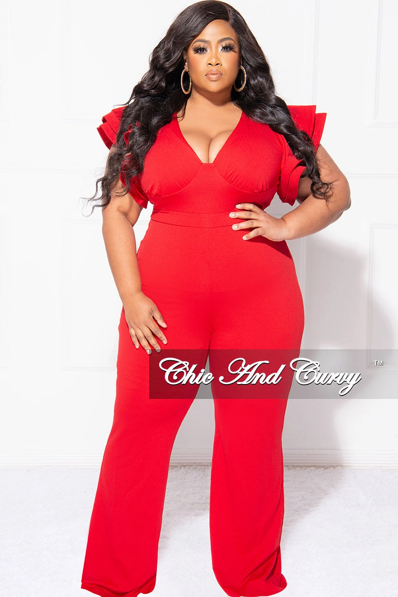 Final Sale Plus Size V-Neck Jumpsuit with Ruffle Sleeves in Red MultiPocket