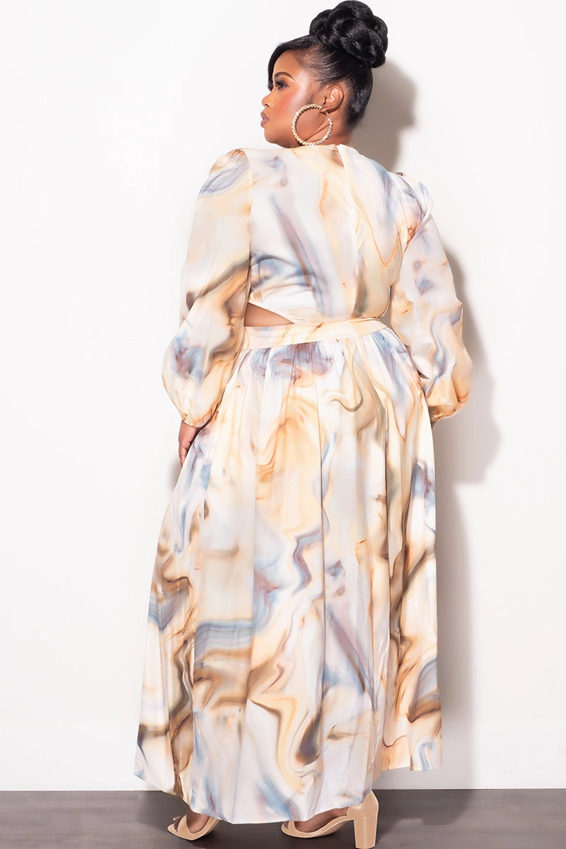 Everyday Essential Final Sale Plus Size Faux Wrap Dress with Cut Outs in Mustard & Grey Print