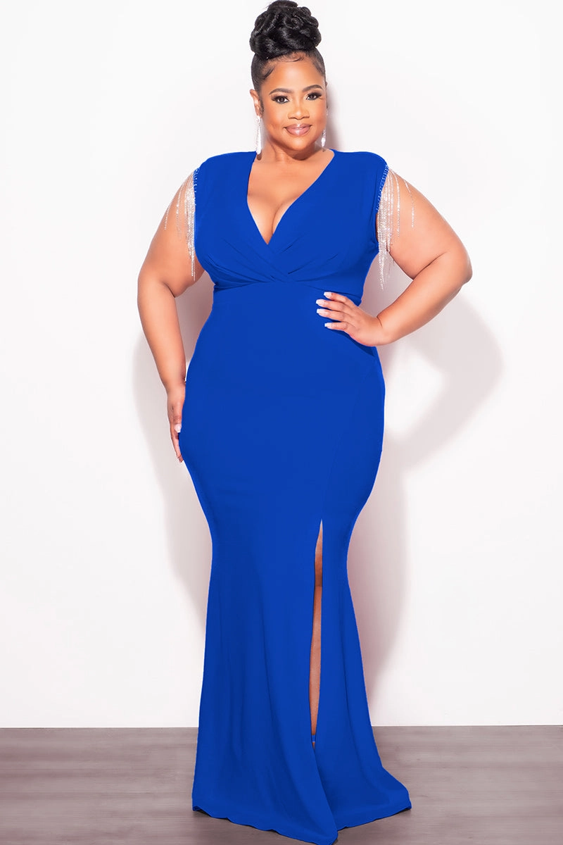 Laser cut Final Sale Plus Size Faux Wrap Rhinestone Fringe Sleeve Maxi Dress in Royal Blue