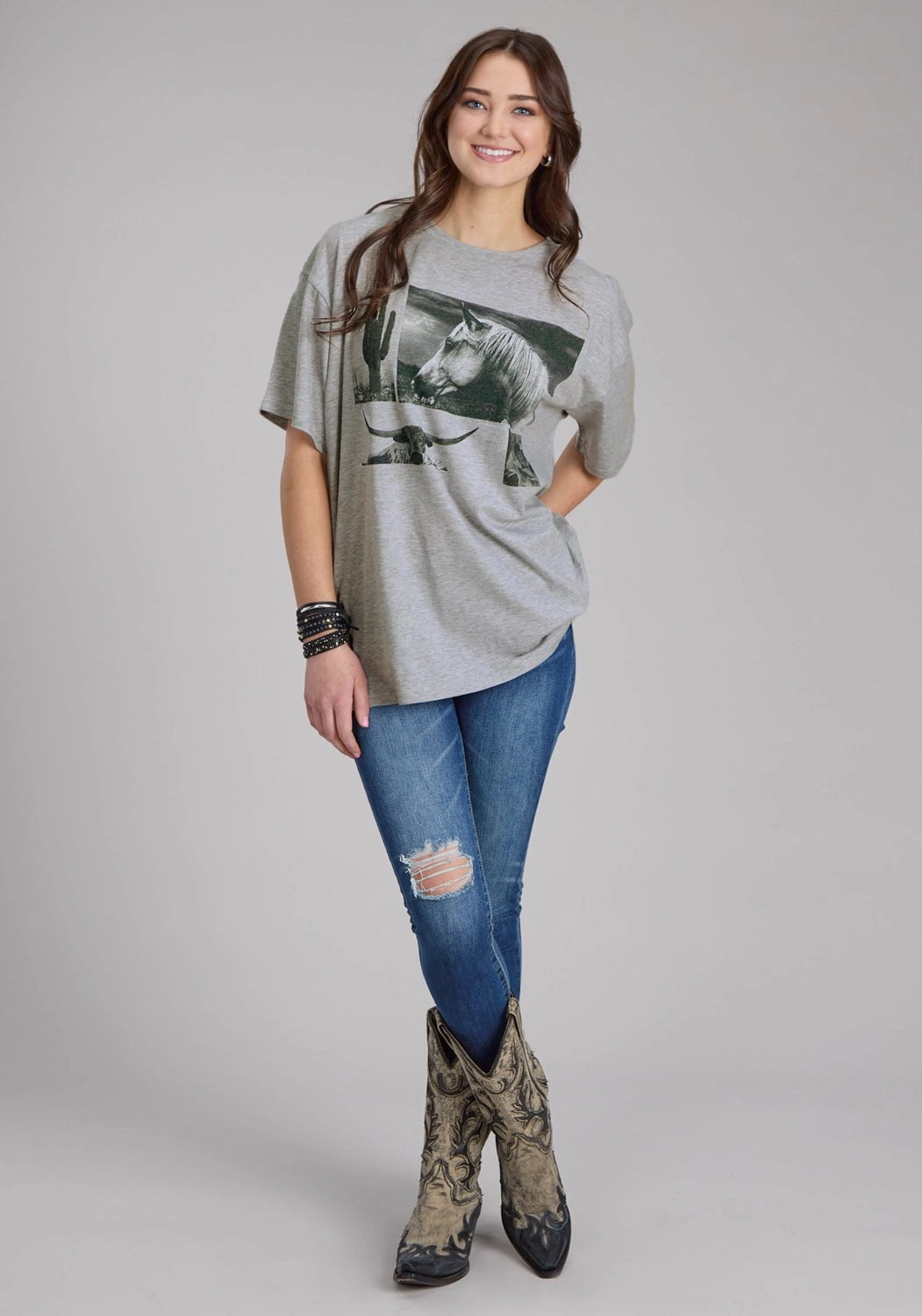 Roper Womens Horse and Longhorn Grey Cotton Blend S/S T-Shirt Reinforced Seams