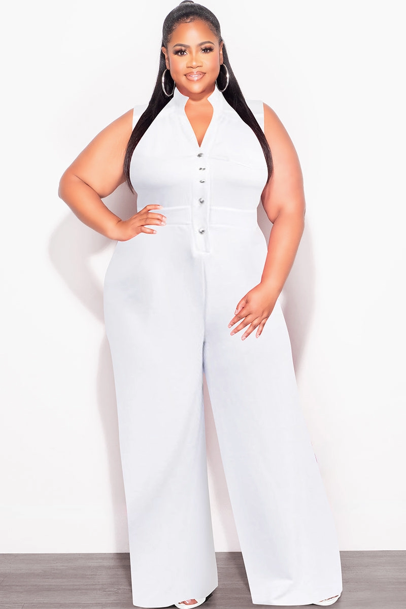 Final Sale Plus Size Collar Button Up Sleeveless Jumpsuit in White ResilientElasticBand Body shaping