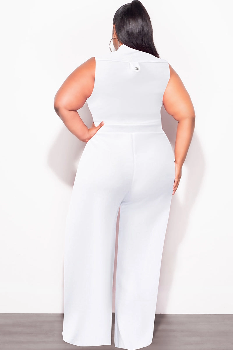 Easy Wear Final Sale Plus Size Collar Button Up Sleeveless Jumpsuit in White