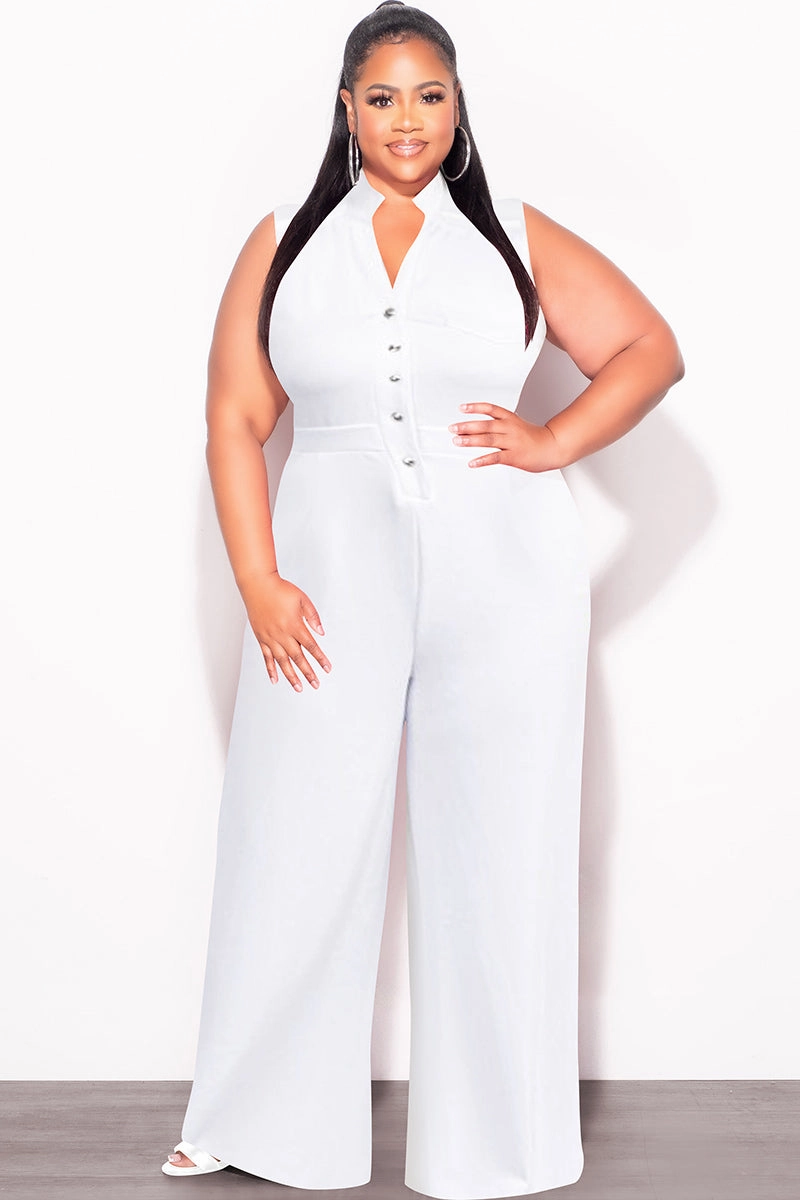 Sporty Fit Day Comfort Final Sale Plus Size Collar Button Up Sleeveless Jumpsuit in White