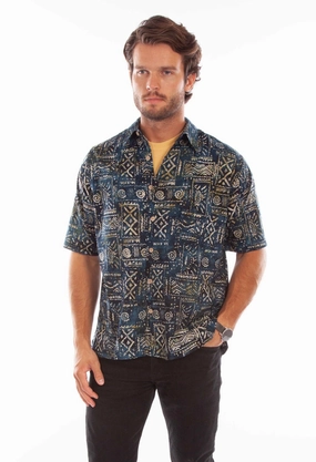 Scully Mens Batik Tribal Navy 100% Cotton S/S Shirt Embroidered Detail