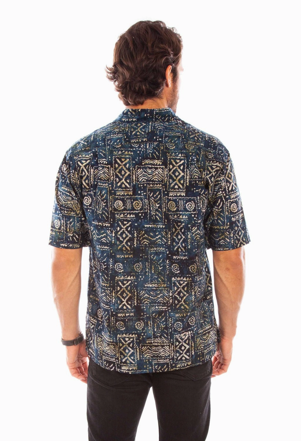 Pocket Detail Linen blend Scully Mens Batik Tribal Navy 100% Cotton S/S Shirt