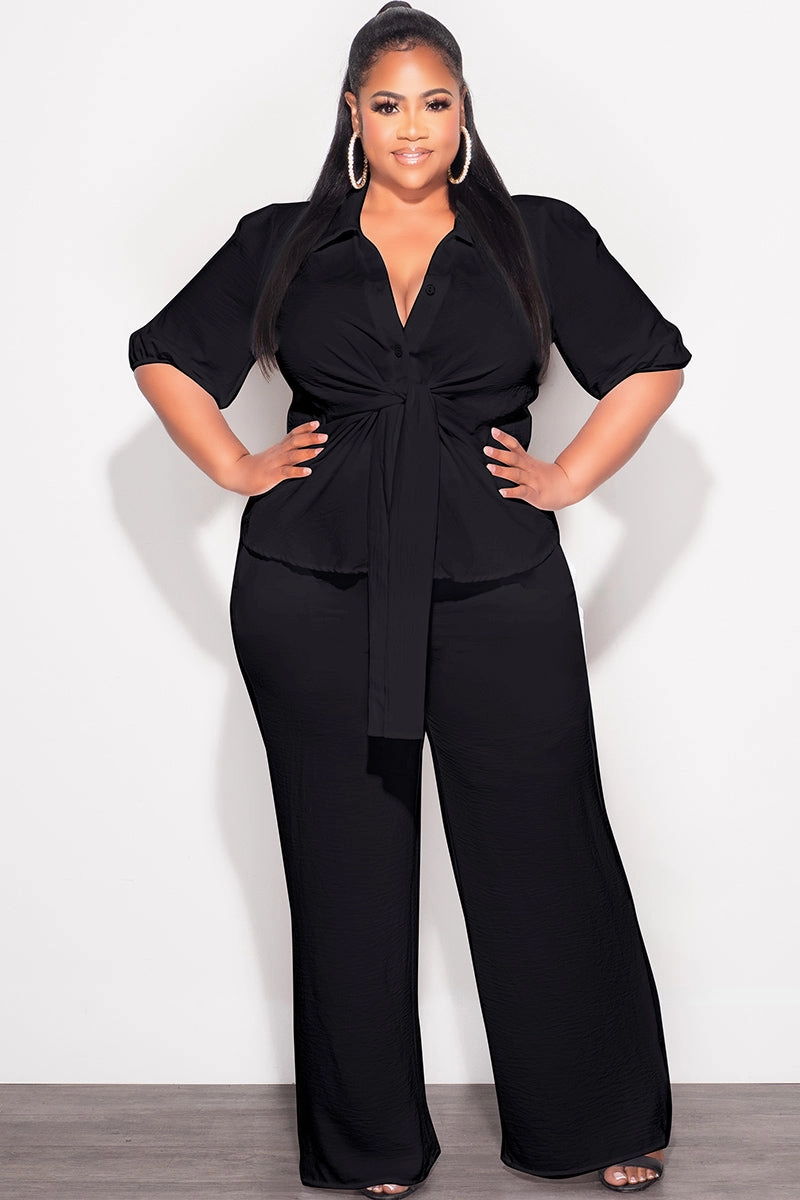 Final Sale Plus Size 2pc Button Up Collar Top and Pants Set in Black Linen Fashionable Fit