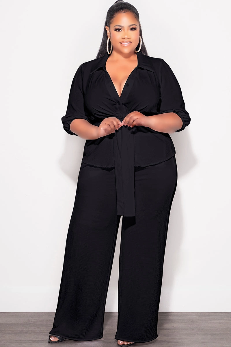 Final Sale Plus Size 2pc Button Up Collar Top and Pants Set in Black Linen Casual Performance Wear Anti Pilling Textile