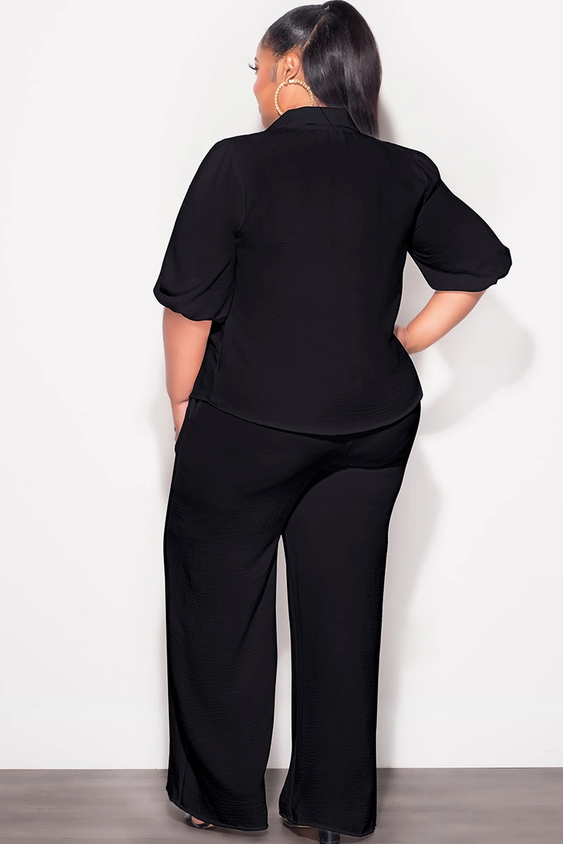 Final Sale Plus Size 2pc Button Up Collar Top and Pants Set in Black Linen Hygienic Inner Layer TearResistantMaterial