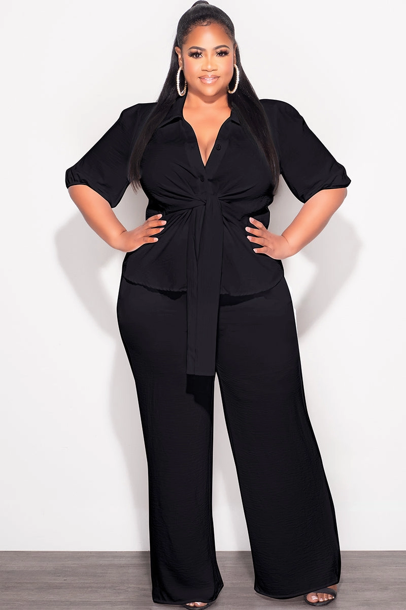 Wide fit Final Sale Plus Size 2pc Button Up Collar Top and Pants Set in Black Linen