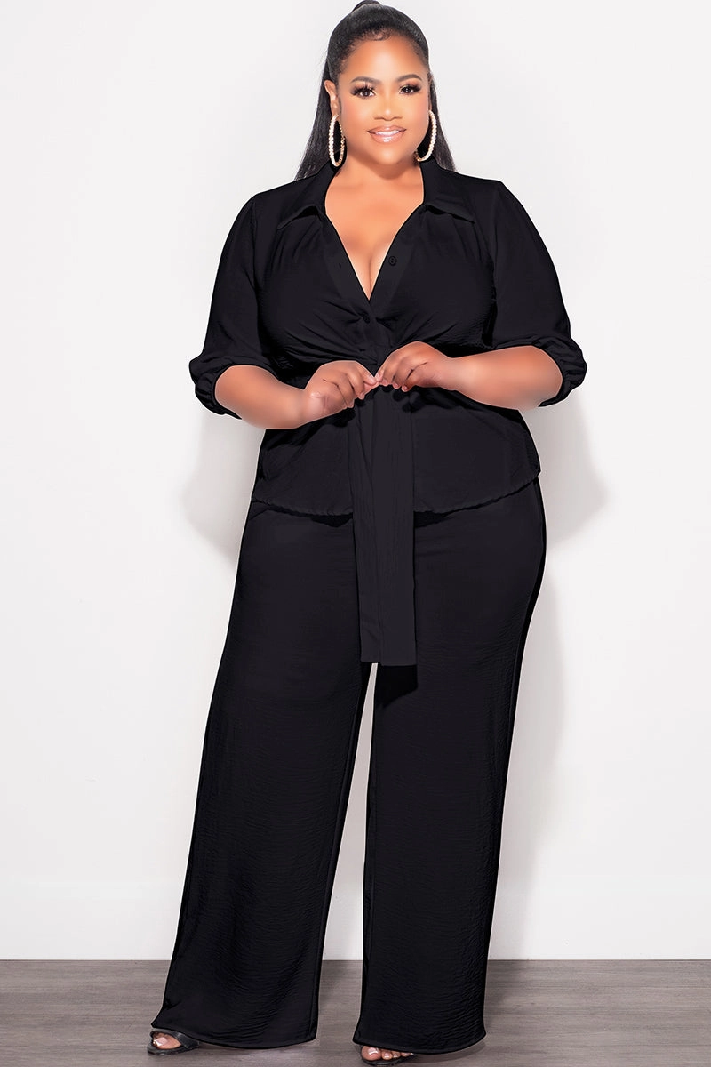 Non Slip Waist Grip Simple Silhouette Final Sale Plus Size 2pc Button Up Collar Top and Pants Set in Black Linen