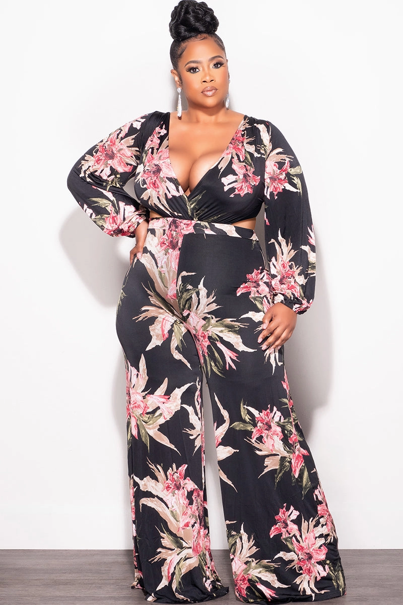 Final Sale Plus Size Faux Wrap Jumpsuit with Side Cut Outs & Sexy Open Criss Cross Back in Black & Pink Floral Print Feminine Cut Versatile Comfort Wear