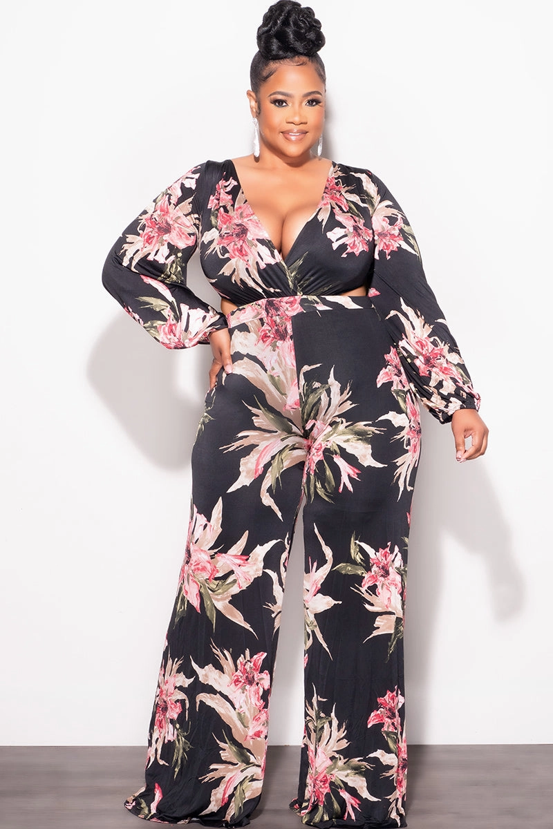 Active Comfort Fit Final Sale Plus Size Faux Wrap Jumpsuit with Side Cut Outs & Sexy Open Criss Cross Back in Black & Pink Floral Print