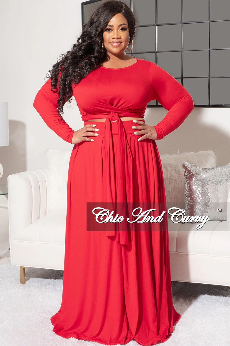Stretch Ready Final Sale Size 2pc Long Sleeve Tie Top Maxi Skirt Set in Red by
