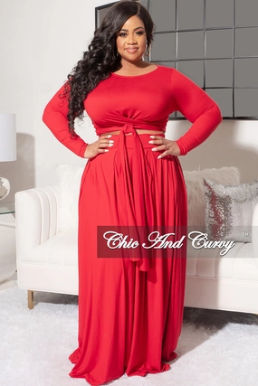 Final Sale Size 2pc Long Sleeve Tie Top Maxi Skirt Set in Red by All terrain