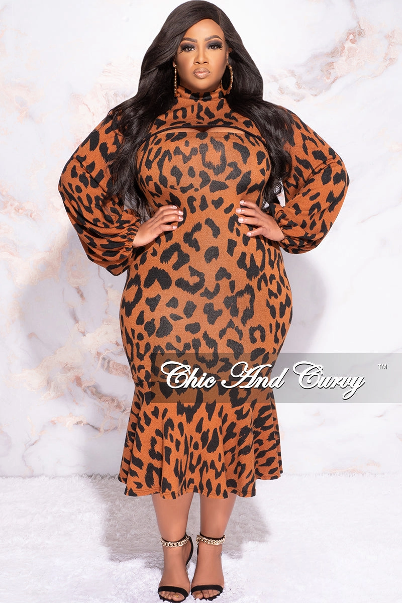 Final Sale Plus Size 2pc Strapless Midi BodyCon Dress with Ruffle Bottom and Pull Over Top in Animal Print Outdoor Lifestyle Performance Layer